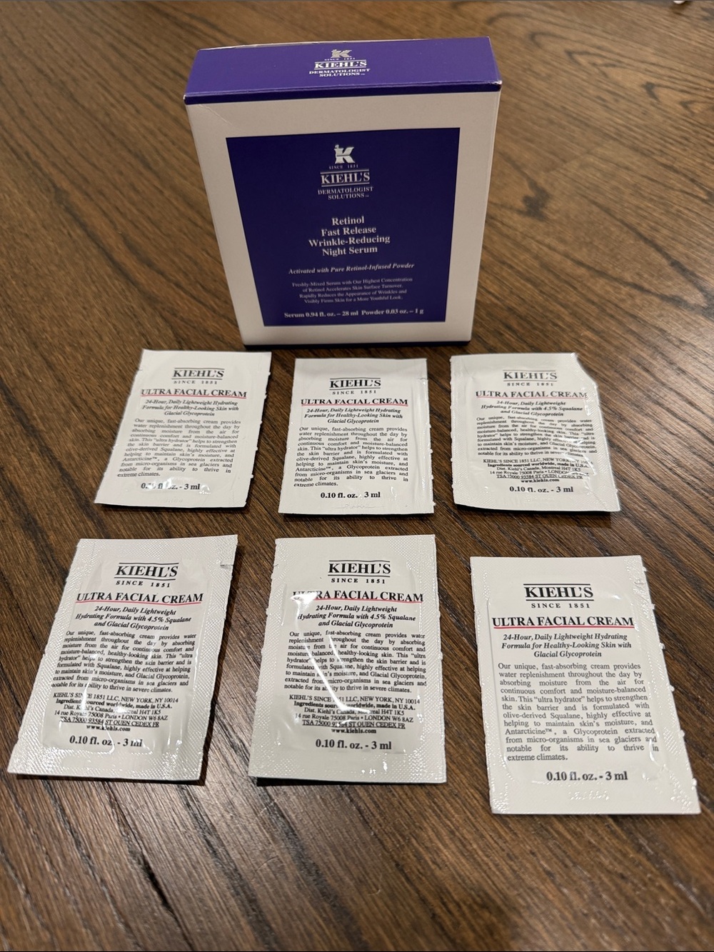 Bundle of 6 Kiehl's Ultra Facial Cream Sachets & Retinol wrinkle reducing serum